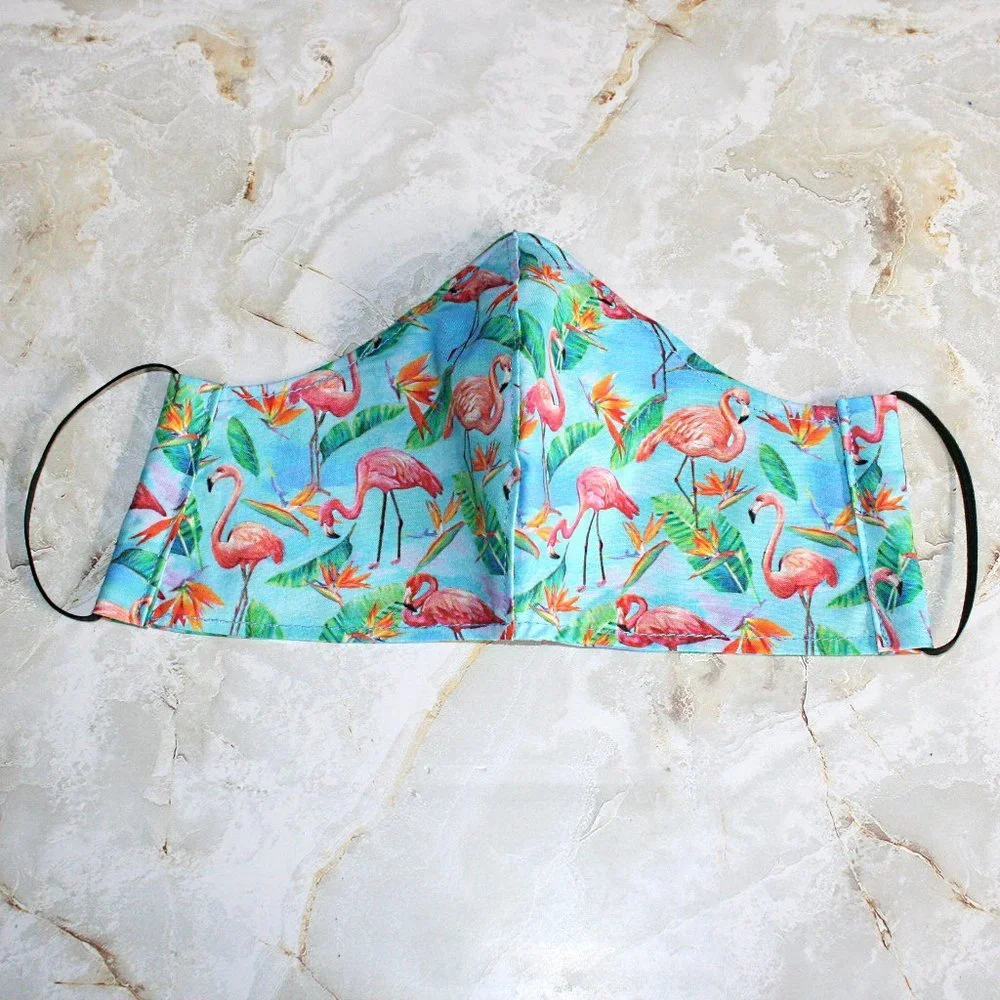 HAND CRAFTED Face Mask Blue Flamingos Adult Cloth Fabric Print - Shield Style